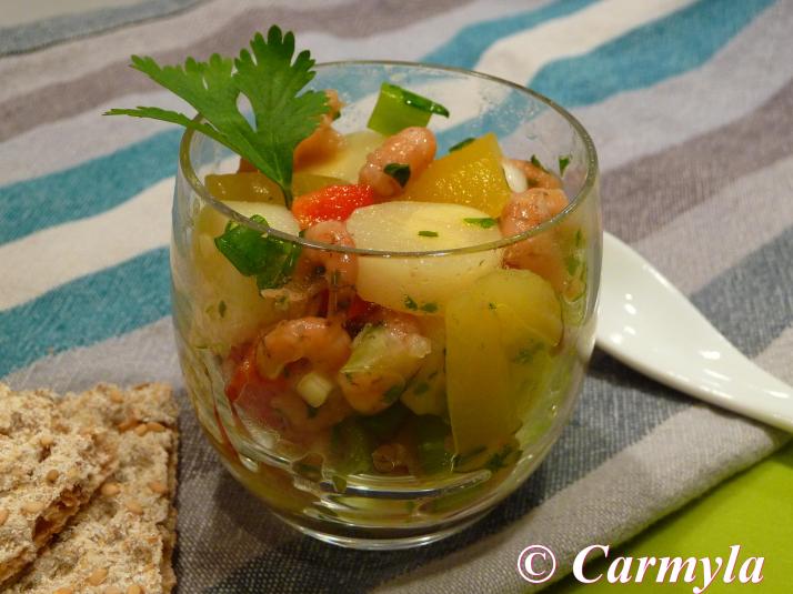 CEVICHE DE PAPAYA, PALMITO Y QUISQUILLAS vasito